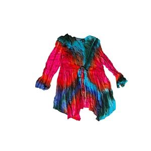 The Pyramid Collection Tie Dye Crinkle Tunic Top Red Blue Green Rayon 1X Boho